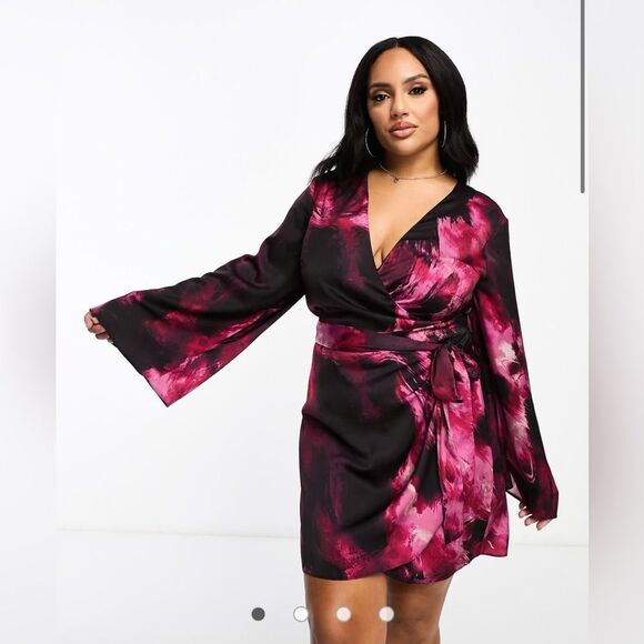 ASOS DESIGN Curve exclusive satin wrap mini dress in abstract print • Sz 20 - Picture 1 of 5